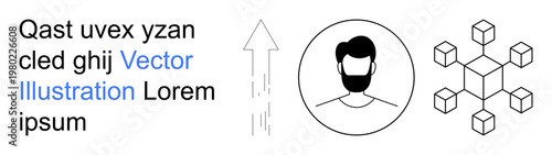 Technology, digital growth, networking, user profiles, connectivity, innovation. Graphic with a profile icon, upward arrow and interconnected cube grid. Digital growth and networking concept