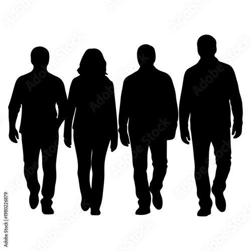 Silhouettes of four people walking together.
