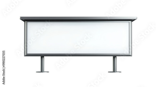A modern three dimensional rendering of a blank, illuminated outdoor advertising billboard with a white screen and a sleek metallic frame, supported by two sturdy silver poles