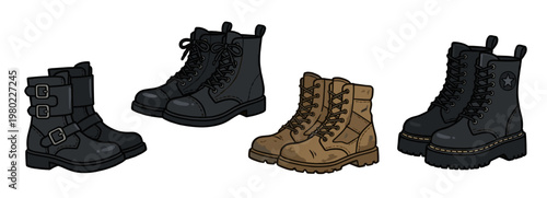 Group of Tactical Combat Boots Vector Illustration with Various Designs and Colors for Military Equipment Outdoor Adventure Sport and Professional Workwear Footwear Graphic