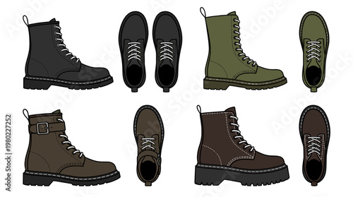 Tactical Combat Boots Vector Set with Different Colors and Styles Including Black Green and Brown Leather Ankle Footwear for Military Outdoor and Casual Fashion Wear Illustration