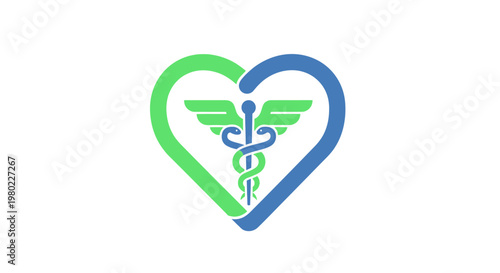 Medical emblem featuring a heart with the caduceus symbol, healthcare concept illustration