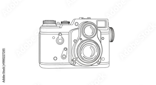 Vintage Twin Lens Film Camera Illustration Line Art.