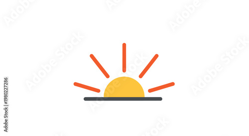 Minimalist graphic of a rising sun with orange rays against a white backdrop.