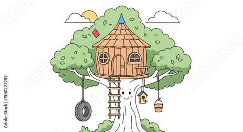 Whimsical Wooden Treehouse Nestled High In Branches.