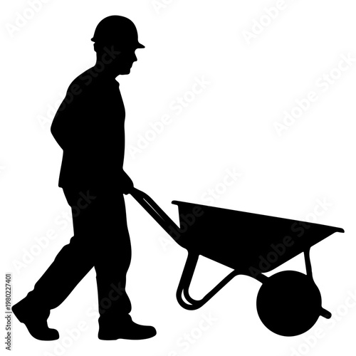 Silhouette of a construction worker pushing a wheelbarrow.