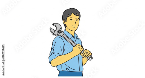 Young mechanic holding large adjustable wrench confidently.