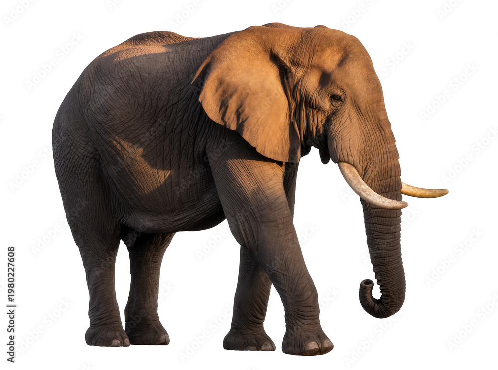 Fototapeta premium Isolated majestic African bush elephant walking, impressive large mammal with powerful tusks and trunk