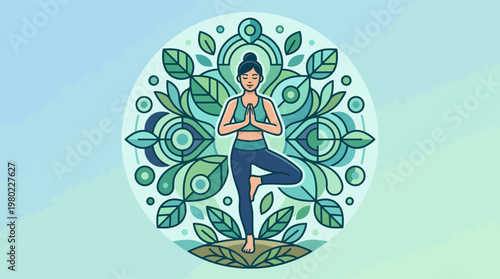 Woman in yoga tree pose balance.