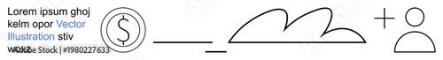 Financial services, cloud storage, collaboration, monetary transactions, personal finance, teamwork. Dollar symbol and cloud connected to a person figure in minimal lines. Financial services