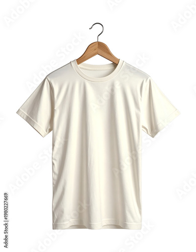 Blank short sleeve cream colored cotton t shirt hanging straight on a wooden clothes hanger with a metal hook for apparel mockups  