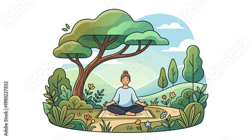 Woman meditates in serene natural setting.