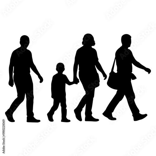 Silhouettes of a Family Walking Together on a White Background.