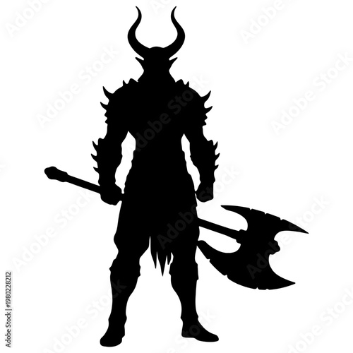 Schilderij op canvas Silhouette of a fearsome demon warrior with horns and an axe.