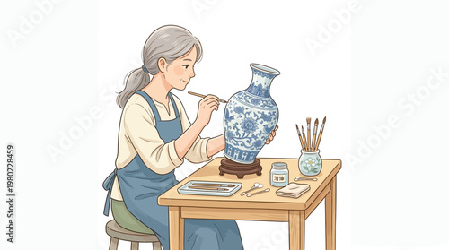 Woman painting a blue vase.
