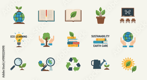 Collection of environmental education and sustainability icons.