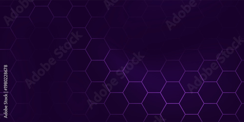 Dark violet hexagonal technology abstract vector background with purple colored bright flashes under hexagon. Hexagonal gaming vector abstract background.