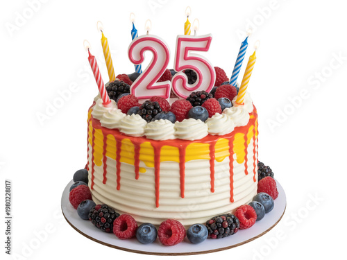 Colorful 25th birthday cake with fresh berry toppings and candles