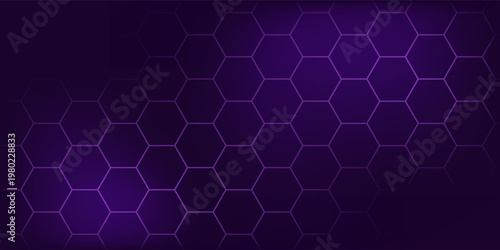 Dark violet hexagonal technology abstract vector background with purple colored bright flashes under hexagon. Hexagonal gaming vector abstract background.