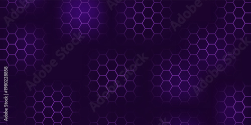 Dark violet hexagonal technology abstract vector background with purple colored bright flashes under hexagon. Hexagonal gaming vector abstract background.