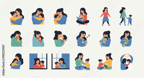Collection of illustrations depicting mothers and their children in various daily life scenarios.