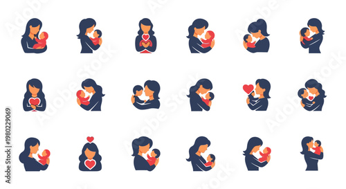 Collection of illustrations depicting mothers holding their babies with love and care.