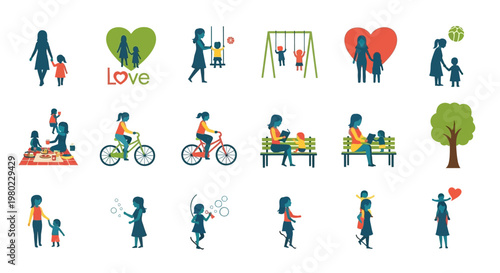 Collection of mother and child silhouettes in various activities, illustrating love and family bonds.