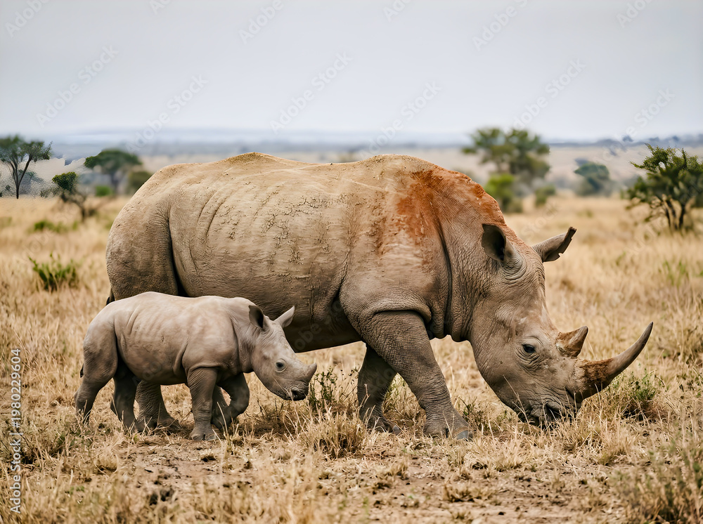 Fototapeta premium White Rhinoceros Mother and Baby Calf Walking on African Savanna
