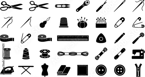 Sewing and quilting tools icon set with needles, scissors, and thread spools
