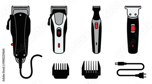 Electric Hair Clippers Vector Illustration with Power Cord, Charging Cable, and Attachment Combs. Professional Grooming and Shaving Tools Set in Flat Design for Barber Shop Service