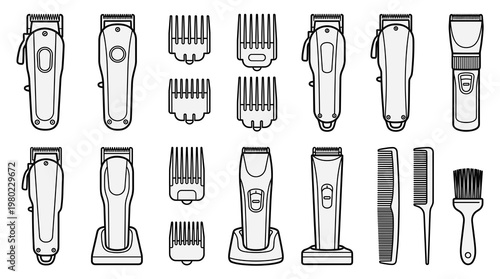 Professional Grooming Kit Vector with Electric Clippers, Attachment Combs, Hair Brushes, and Scissors. Detailed Outlined Illustration for Barber Shop Menu and Hairdresser Tools