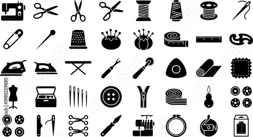 Sewing and quilting tools icon set with needles, scissors, and thread spools
