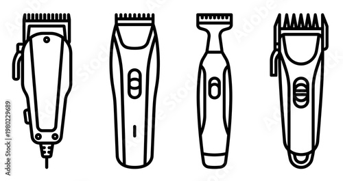 Hair Trimmer and Electric Clipper Line Art Vector Set. Minimalist Contour Icons of Professional Barbering Tools for Hairdresser Service and Male Grooming Illustration