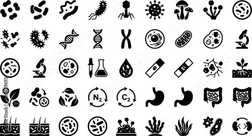 Microbiome Ecosystem Icons. Outline icon set of microbiome ecosystem: gut flora, soil bacteria, plant root,

