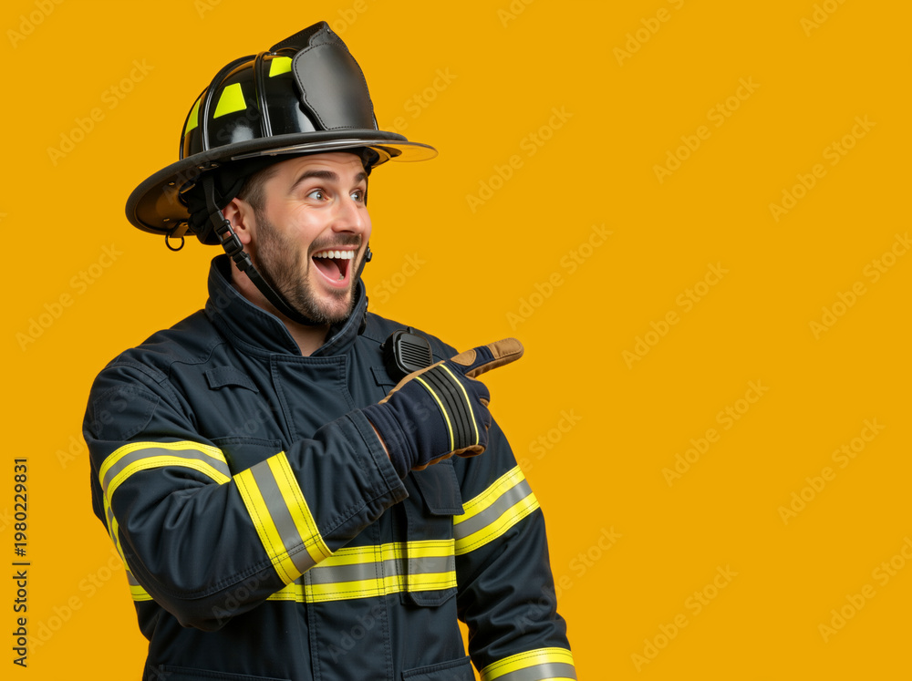 Obraz premium Excited male firefighter pointing at copy space on yellow background. Happy Caucasian man in uniform and helmet gesturing right. International Firefighters' Day concept