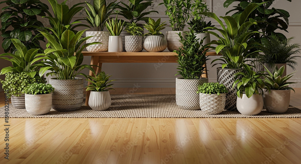 Fototapeta premium Indoor plants in white and gray patterned pots on wooden floor potted plants white pots