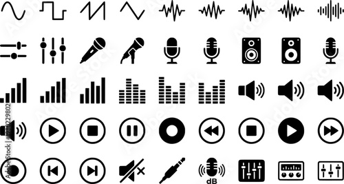 Sound Wave Icons. Outline icon set of sound waves and signals: sine wave, decibel meter, vibration lines, echo, microphone,
