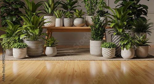 Indoor plants in white and gray patterned pots on wooden floor potted plants white pots