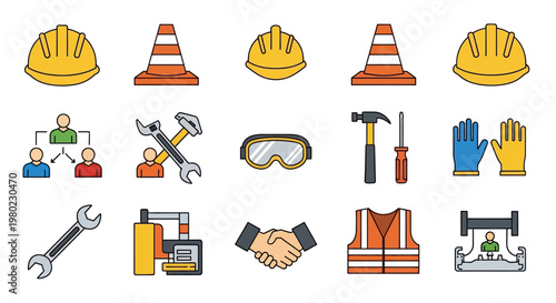 Construction and Safety Tools Icon Set for Industrial Work.