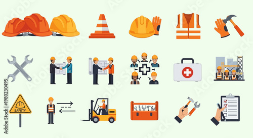 Construction and Industrial Safety Equipment and Worker Icons Set.