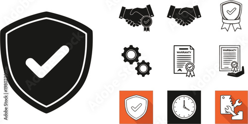 Warranty icon silhouette collection in black and white flat solid versions for graphic designs
