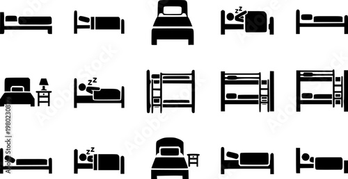 Shelter beds icon set. Black icon on white background
