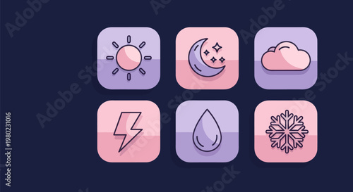 Weather icons set with sun moon cloud lightning drop snowflake vector