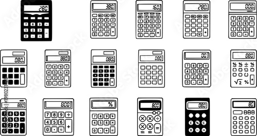 Calculator icons for apps and print media. Editable stroke and flat icons
