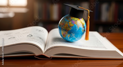 Small globe wearing a graduation mortarboard cap sitting on an open textbook representing global academic reach