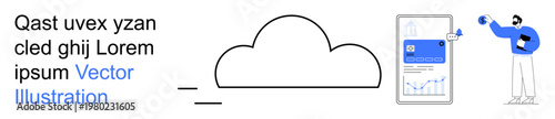 Cloud computing, data sharing, technology integration, mobile apps, digital workflow, online tools. A cloud icon, smartphone and user interacting with data. Cloud computing and data sharing concept
