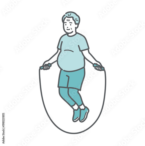 笑顔で縄跳びをするぽっちゃり体型のシニア男性のイラスト