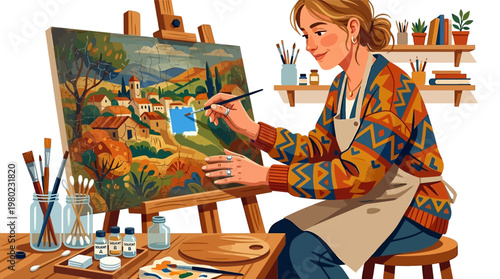 Woman painting on canvas with brushes.