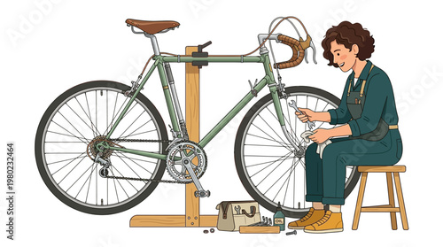 Woman repairing a bicycle wheel.