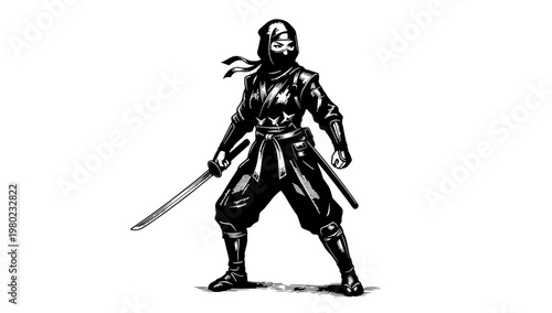 Vintage Style Female Ninja Engraving Vector Logo